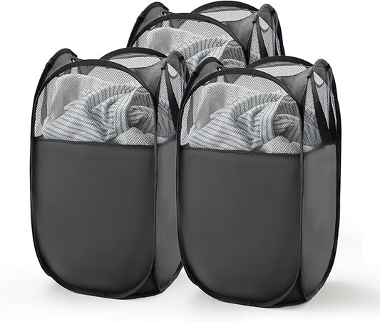 TECHMILLY Pop Up Foldable Laundry Basket, Mesh Laundry Hamper with Reinforced Handles for Dirty Clothes Storage in Dorm, Laundry Room, Bathroom, Black(Fabric), 3 Pack