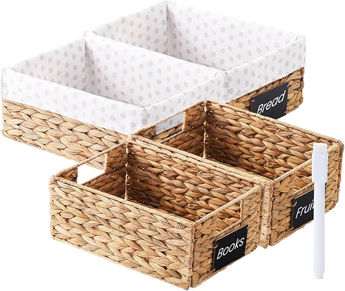 rectangular hyacinth wicker baskets with liners for storage, kitchen, laundry 12x9x5 iNCHES (Natural, 12x9x5 Inches)