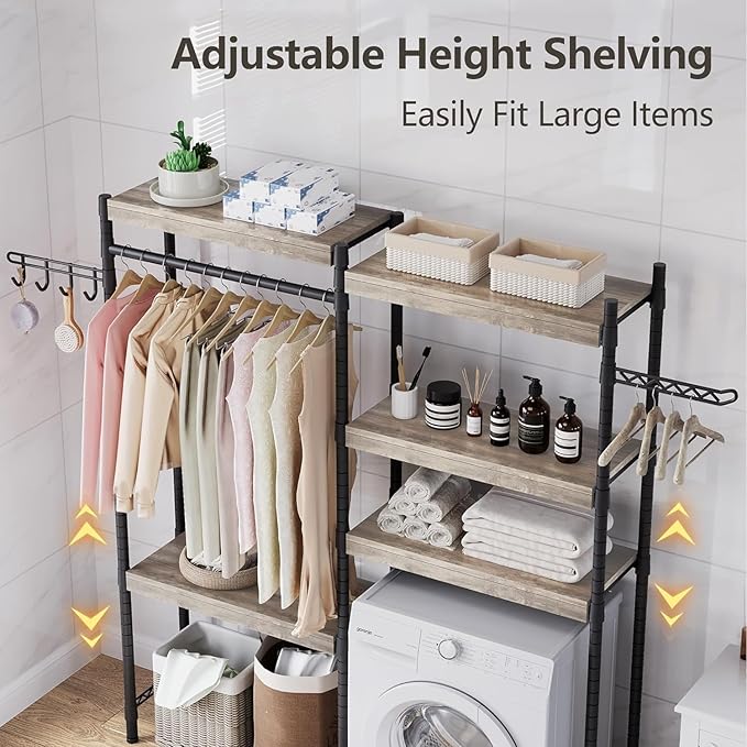 Garvee 28 in Over-The-Toilet/Washer Shelf – 5-Tier Laundry Organizer with Double-Layer Wood Shelves (100 LB Capacity), Adjustable Height Storage for Small Spaces (Grey & Black)