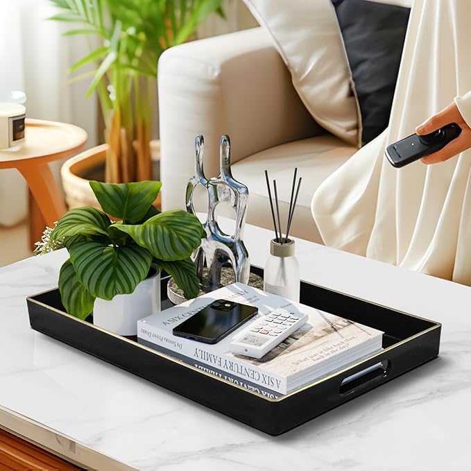 MAONAME Black Decorative Tray for Coffee Table, Modern Serving Tray with Handles, Plastic Rectangular Tea Trays for Ottoman, Bathroom Decor, 15.8” X 10.2” x 1.4"
