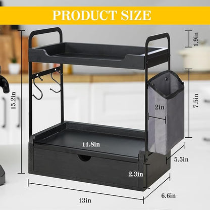 Coffee Bar Accessories and Organizer, 2-Tier Coffee Station Organizer, Wood Kitchen Countertop Organizer with Bag and Hooks, Coffee Pod Holder for Coffee Bar Decor, Syrup Snack Organizer(Black)