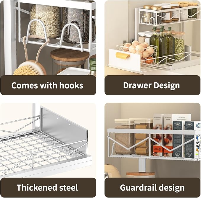 Under Sink Organizer - 2 Tier Pull Out Cabinet Organizer with Sliding Drawers, Adjustable Metal Storage Shelf for Kitchen & Bathroom, Space Saving Storage Solution (White, 1-Pack)