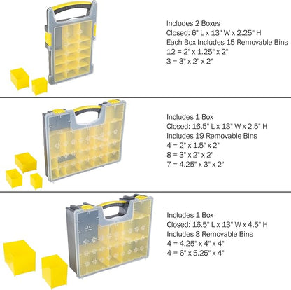 Storage Organizer Tool Box Set - Set of 4 Plastic Clear Top Parts, Craft, and Hardware Organizers with 3 Sized Compartments by Stalwart (Yellow/Black)