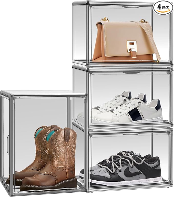 EZJOB 4 Pack Pure Organizer for Closet, Acrylic Shoe Box Size 14, Clear Display Case Handbag Organizer Shoe Box with Lid