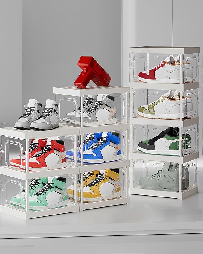 RILBOX X-Large Sturdy Foldable Shoe Rack Sneaker Container Clear Plastic Stackable Space Saving Shoe Storage Boxes Organizers Bin Holder with Lids for Entryway, Closet 6 Tier - 14.0" W Hold 6 Pairs