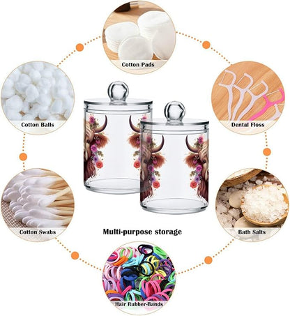 MNSRUU 2 Pack Qtip Holder Organizer Dispenser Highland Cow Pink Bathroom Storage Canister Cotton Ball Holder Bathroom Containers for Cotton Swabs/Pads/Floss