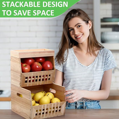6 Pack Wood Pantry Storage Bins 4 Wooden Storage Bins with 2 Wooden Tray Lids Multipurpose Open Front Stackable Organization Set for Kitchen or Pantry and Fruits Vegetables, Potato & Onion