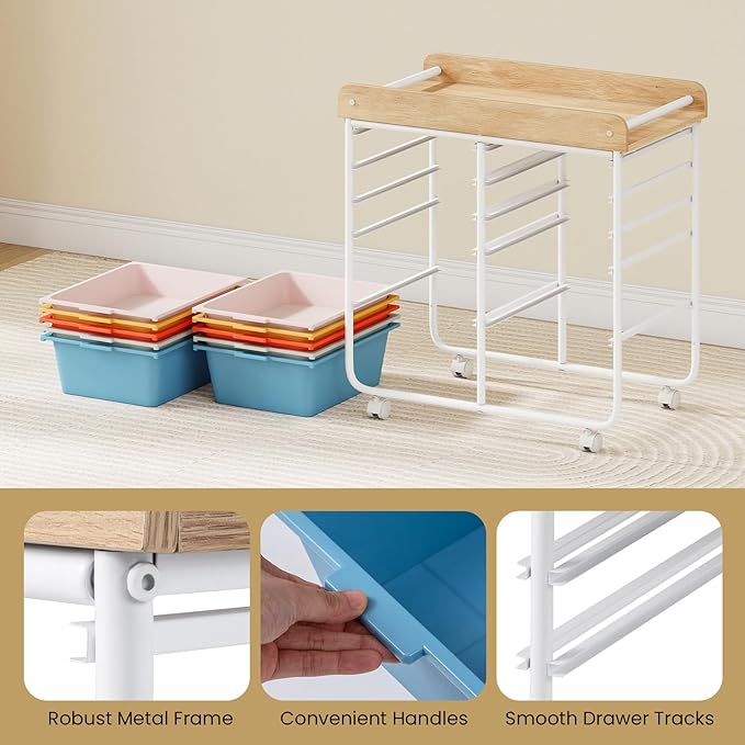 GOFLAME 10-Drawer Rolling Storage Cart, Craft Storage Cart with Wooden Tabletop, Lockable Wheels & Handles, Art Cart Supply Storage Organizer with Metal Frame for Home Office Classroom, Macaron Color