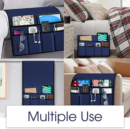 Joywell Remote Holder for Recliner Armchair Caddy Couch Armrest Non Slip Sofa Arm Chair Caddie with 6 Pocket for Magazine, Tablet, Phone, iPad, Think Linen, Classic Blue