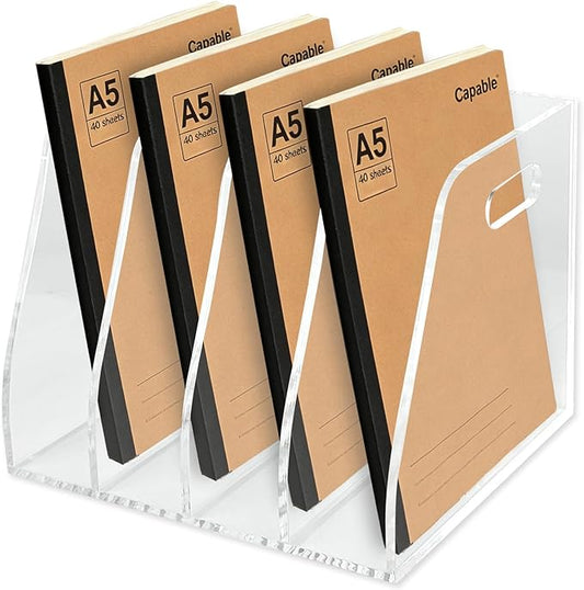 4-Tier Clear Acrylic File Holder, Vertical Document Organizer for Magazines, Binders, Notebooks & Envelopes - Multi-Purpose Desk Storage for Home Office（B5,4 Sections）