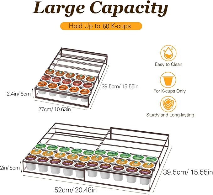 Coffee Pod Holder Drawer, Expandable K Cup Holder Compatible with Keurig K-Cup, K Cup Drawer Organizer Hold 30-60 Coffee Pod Storage for Coffee Station Office and Kitchen, Bronze