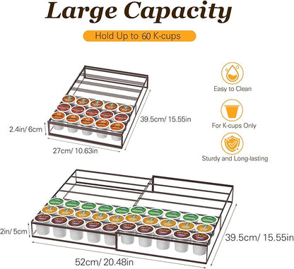 Coffee Pod Holder Drawer, Expandable K Cup Holder Compatible with Keurig K-Cup, K Cup Drawer Organizer Hold 30-60 Coffee Pod Storage for Coffee Station Office and Kitchen, Bronze