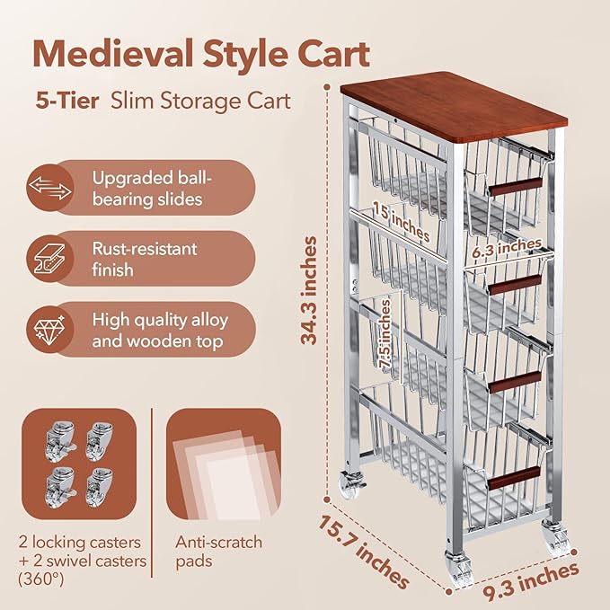 Ultra Slim 5-Tier Rolling Fruit & Vegetable Storage Cart with Removable Drawers, Narrow Metal Kitchen Organizer Cart on Wheels, Fruit Basket Stand & Fruteros para Cocina, Pantry Cart for Storage