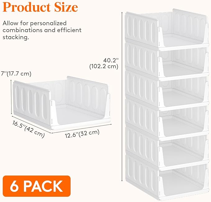 Lifewit 6 Pack Stackable Closet Organizers and Storage Basket for Clothes, Plastic Storage Bins for Wardrobe, Multifunctional Drawer Organizer for Bathroom, Kitchen, Laundry Room, Office, Dorm, White
