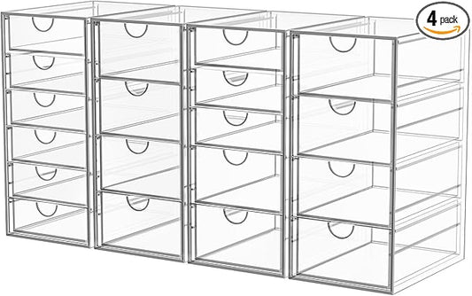 YFXCVSL Acrylic Makeup Organizer with 19 Drawers, 4 Pack Clear Storage Drawers, Bathroom Makeup Organizer for Palettes, Cosmetic, and Beauty Supplies,Ideal for Vanity, Cabinet,Desk Organization