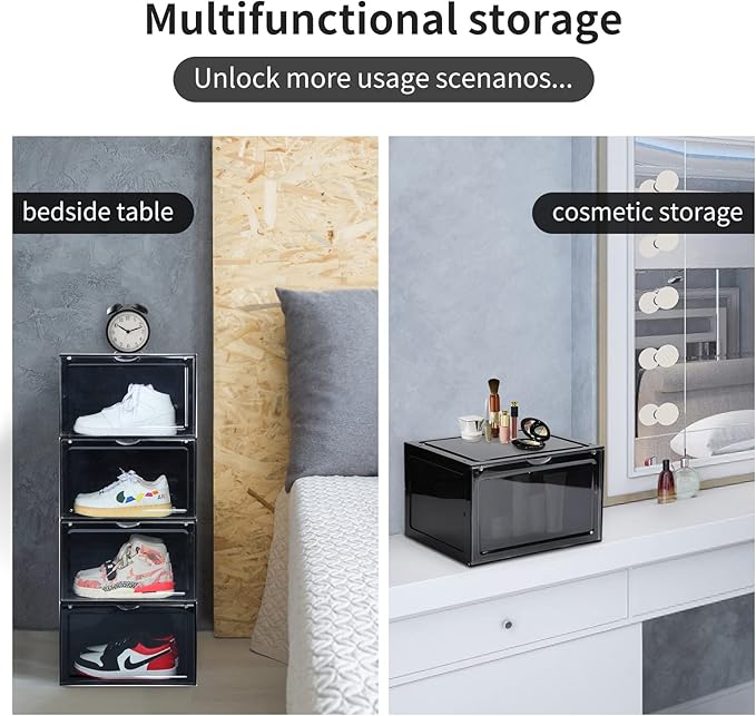 OMOPIN XL clear shoe storage boxes stackable, 8 Pack Large Shoe Boxes Clear Plastic Stackable, Drop side Sneaker Container Fit Size 13 (Black 8 Pack)