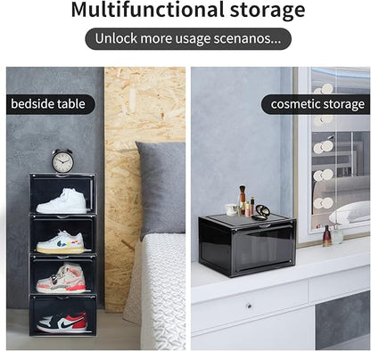 OMOPIN XL clear shoe storage boxes stackable, 8 Pack Large Shoe Boxes Clear Plastic Stackable, Drop side Sneaker Container Fit Size 13 (Black 8 Pack)