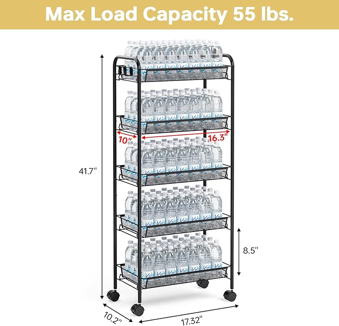 TOOLF 5-Tier Metal Utility Cart with 3 Hooks, Easy Assemble Mobile Storage Trolley On Wheels, Metal Shelving Units Kitchen Bathroom Laundry Room
