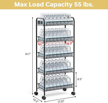 TOOLF 5-Tier Metal Utility Cart with 3 Hooks, Easy Assemble Mobile Storage Trolley On Wheels, Metal Shelving Units Kitchen Bathroom Laundry Room