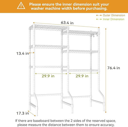 U15 Over Washer and Dryer Storage Shelves, Laundry Above Washer Dryer Storage Rack Space Saver, 6-Tier Wire Shelf with 4 Hooks for Organization, 63.4"W x 17.3"D x 76.4"H, Holds 568lbs, White