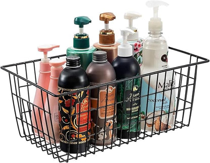 Redrubbit Wire Storage Baskets, Large Farmhouse Metal Freezer Basket Storage Organizer Bins with Handles for Kitchen Cabinets, Pantry, Closets, Bedrooms, Bathrooms, Set of 2, Black