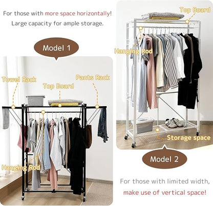 lumizone Folding Clothing Rack with Wheels Expandable Wardrobe Portable Clothes Rack for Hanging Clothes Adjustable Closet Shelves Garment Rack Durable Closet Racks for Hanging Clothes(White)