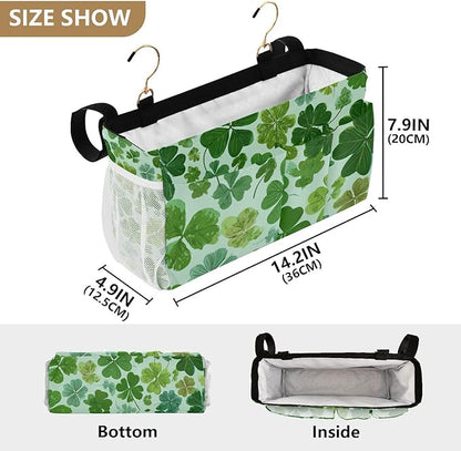CuwrYet Bedside Caddy Hanging Bunk Bed Caddy Bed Organizer Hanging Pocket with 2 Hooks Bedside Storage Organizer Pocket Bag Holder Green Nature St Patrick Clovers
