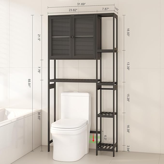 Wisuce Essentials Over The Toilet Storage Cabinet Above Toilet Bathroom Organizer with Toilet Paper Holder Stand Bath Organizer with Adjustable Shelves & Acrylic Doors,Anti-Tip Device (Black)