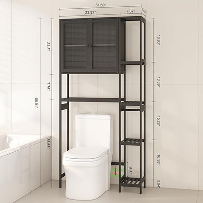 Wisuce Essentials Over The Toilet Storage Cabinet Above Toilet Bathroom Organizer with Toilet Paper Holder Stand Bath Organizer with Adjustable Shelves & Acrylic Doors,Anti-Tip Device (Black)