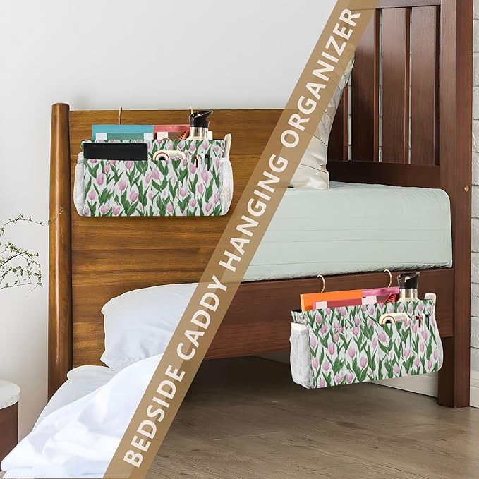 CuwrYet Bedside Caddy Hanging Bunk Bed Caddy Bed Organizer Hanging Pocket with 2 Hooks Bedside Storage Organizer Pocket Bag Holder Small Tulips Pink