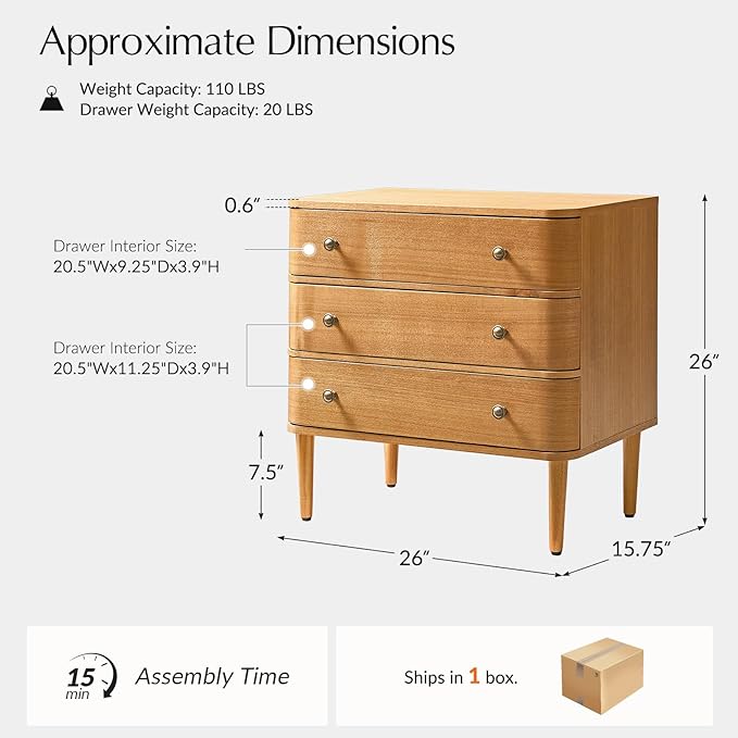 HULALA HOME Modern End Table with Charge Station, 3 Drawer Wood Side Table with Solid Wood Legs & Adjustable Feet, Curved Design End Table, Oak