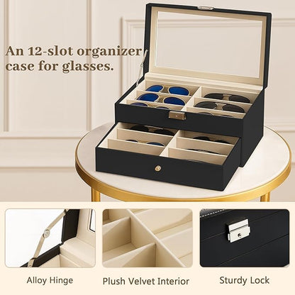 Homeanda 2-Layer Sunglasses Case - 12 Slots Hard Shell Eyeglasses Storage Box PU Leather Organizer, Protective Glasses Organizer Christmas Gift for Men and Women(Black)