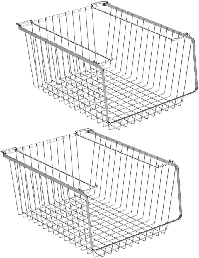 Wire Storage Baskets Stackable Organizer Basket Bins Stacking Household Wire Baskets with Handles Storage Organization for Kitchen, Pantry, Bathroom, Cabinets, Closets, Bedrooms, Set of 2