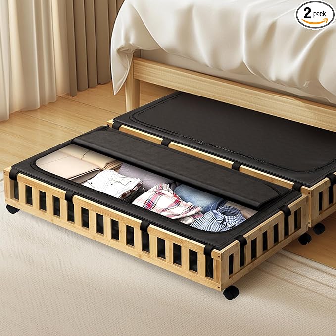 Gashell 2 Pack Bamboo Under Bed Storage with Wheels, 39”x20”x7.8” Lager Under Bed Storage Containers (Natural)
