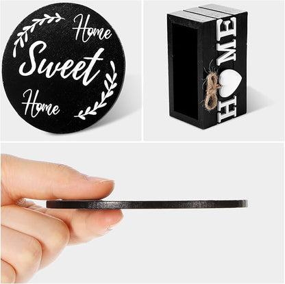Queekay Coasters Set of 6 House Warming Gifts New Home Wooden Farmhouse Drink Coasters with Holder 4'' Funny Decoration for Kitchen Family Coffee Bar Tabletop Protection(Black)