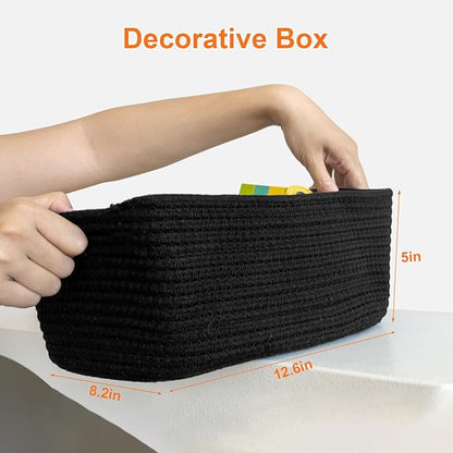 Small Storage Baskets for Organizing, Woven Storage Bins for Shelves, Gift Basket Empty, Cute Decorative Closet Organizer, Baby Rope Basket, Dog Toy Storage, 12.6x8.2x5”, 3Packs Black