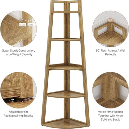 Tribesigns 70 inch Tall Corner Shelf, 5 Tier Modern Corner Bookshelf Bookcase Industrial Corner Ladder Shelf Plant Stand for Living Room, Kitchen, Home Office (Light Brown)