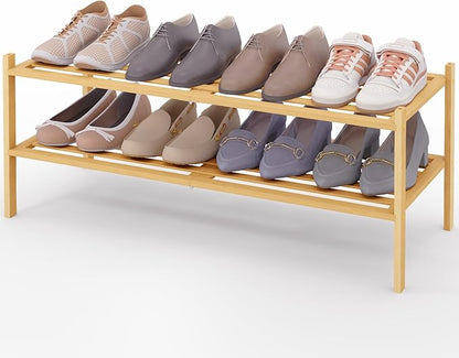 Smiry Long Bamboo Shoe Rack 2-Tier, Stackable Wooden Shoe Organizer for Entryway & Closet, Free Standing Wood Shoe Storage Shelf for Front Door & Small Spaces, Natural