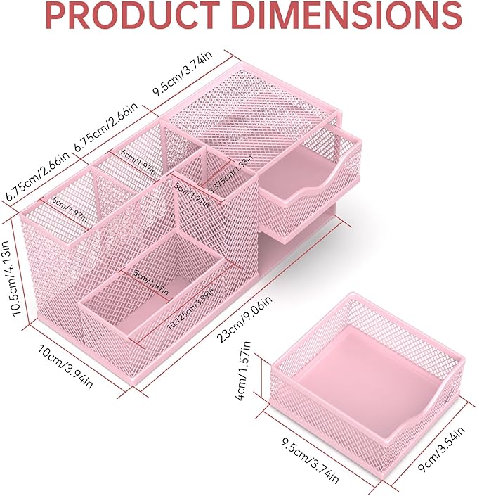 Mesh Desk Organizer, Pen Organizer with 2 Drawers and 5 Compartments, Versatile Pen Holder for Small Space, Desk Organizers and Accessories for School Office Supplies, Pink