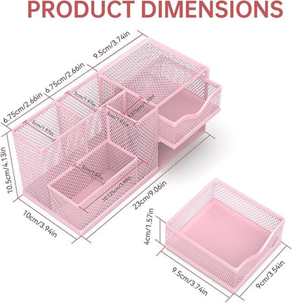 Mesh Desk Organizer, Pen Organizer with 2 Drawers and 5 Compartments, Versatile Pen Holder for Small Space, Desk Organizers and Accessories for School Office Supplies, Pink