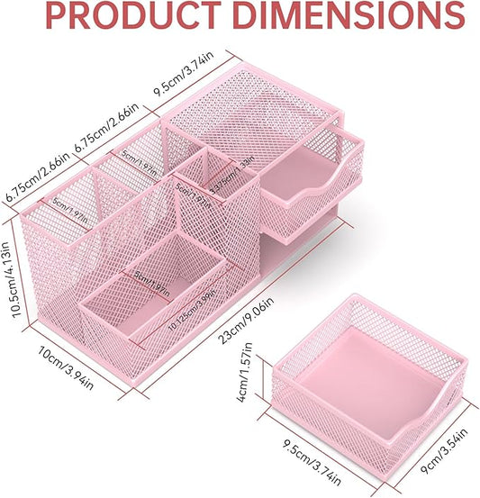 Mesh Desk Organizer, Pen Organizer with 2 Drawers and 5 Compartments, Versatile Pen Holder for Small Space, Desk Organizers and Accessories for School Office Supplies, Pink