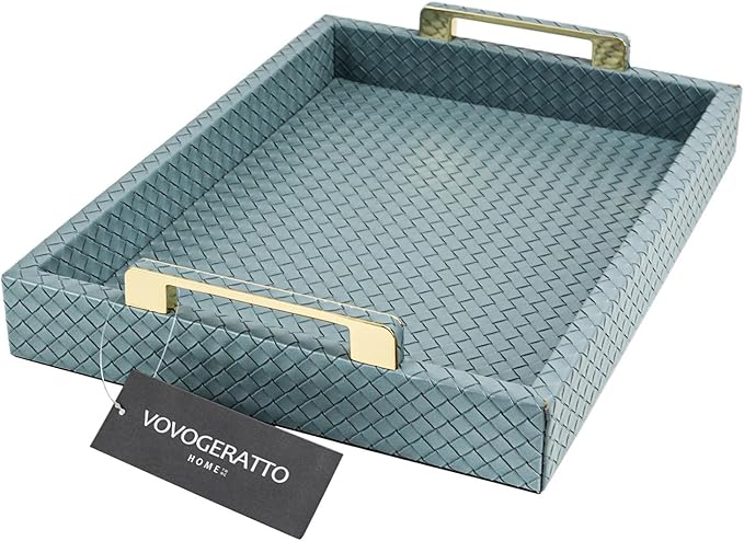 Decorative Serving Tray for Ottoman Coffee Table, 16"x12" Large Rectangular Tray Leather Serving Trays with Gold Polished Metal Handles - Home Decor - Blue