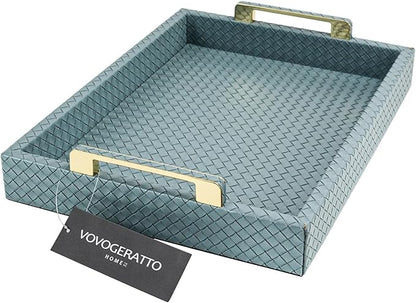 Decorative Serving Tray for Ottoman Coffee Table, 16"x12" Large Rectangular Tray Leather Serving Trays with Gold Polished Metal Handles - Home Decor - Blue