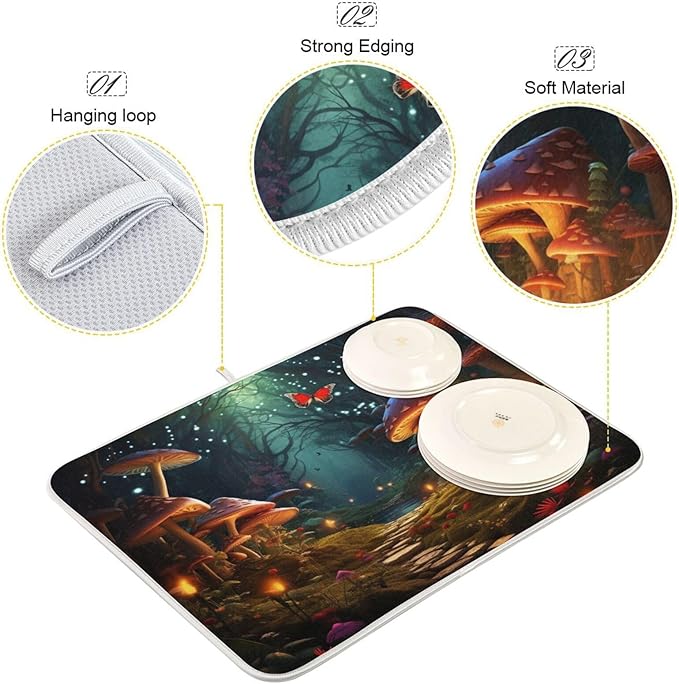 Beautiful Fairyland Road to Forest Big Mushroom Microfiber Dish Drying Kitchen Countertop Table Protector Multipurpose Counter Rack Sink Drainer Pad (16" x 18")