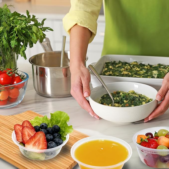 Slomg 100 Pack 8oz Plastic Deli Containers with Lids, Disposable Food Storage Containers for Soup Meal Prep Leftover, To Go Takeout Quart Bowls for Restaurant Kitchen Microwave Dishwasher Freezer Safe