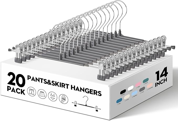 HWAJAN 20PACK 14Inch Pants Hangers with Clips Adjustable Skirt Hangers for Women Metal Non-Slip Trousers Hanger Heavy Duty Space Saving Clothes Hanger for Shorts,Jeans,Gray
