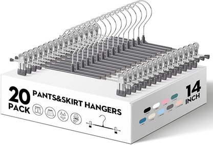 HWAJAN 20PACK 14Inch Pants Hangers with Clips Adjustable Skirt Hangers for Women Metal Non-Slip Trousers Hanger Heavy Duty Space Saving Clothes Hanger for Shorts,Jeans,Gray