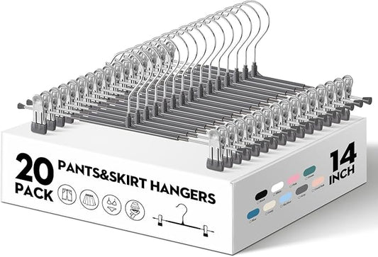 HWAJAN 20PACK 14Inch Pants Hangers with Clips Adjustable Skirt Hangers for Women Metal Non-Slip Trousers Hanger Heavy Duty Space Saving Clothes Hanger for Shorts,Jeans,Gray
