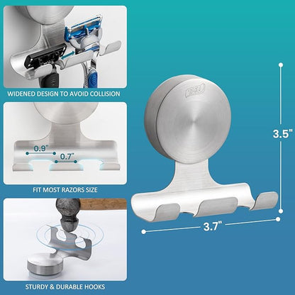 TAILI 2 Pack Powerful Suction Cup Razor Holder, 304 Stainless Steel Bathroom Suction Hooks for Towel, Loofah, Bathrobe, Stylish Shaver Holder for Shower Wall, Easy to Install and Reuse, Silver