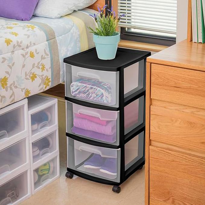 Sterilite 4-Pack 3-Drawer Rolling Plastic Storage Cart, Black Frame and Clear Drawers – Home, Office, or Dorm Portable Organizer with Removable Wheels